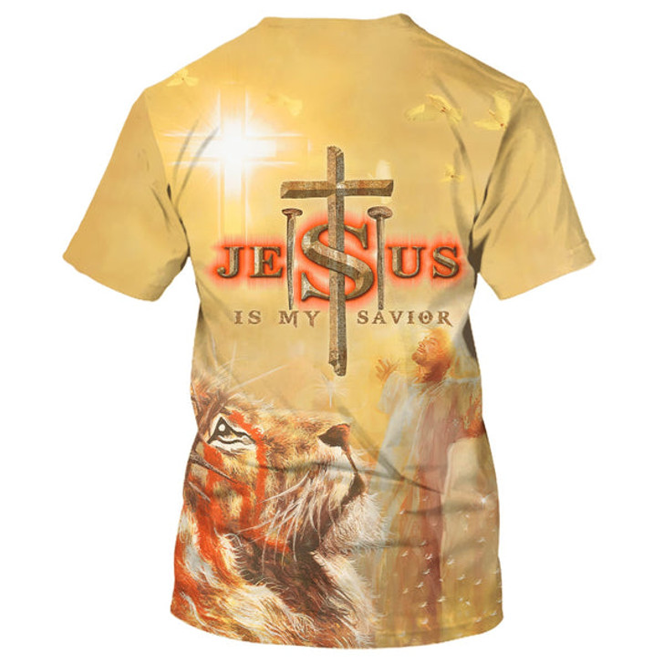 FUNSTUFFPRINT Jesus Is My Savior Shirts - Jesus With His Arms Open Lion 3d Shirts - Christian T Shirts For Men And Women 3D T-shirt