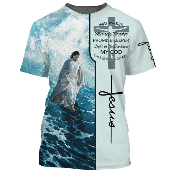 FUNSTUFFPRINT Jesus Walking On The Beach Shirts - Way Maker Miracle Worker 3d Shirts - Christian T Shirts For Men And Women 3D T-shirt
