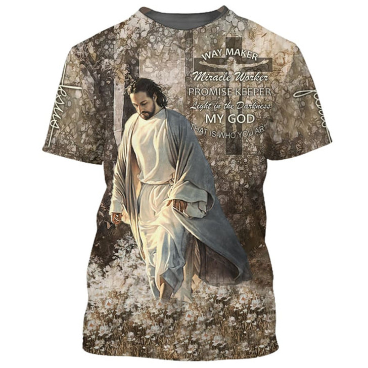 FUNSTUFFPRINT Jesus Walking In The Flower Field Shirts - Way Maker Miracle Worker 3d Shirts - Christian T Shirts For Men And Women 3D T-shirt