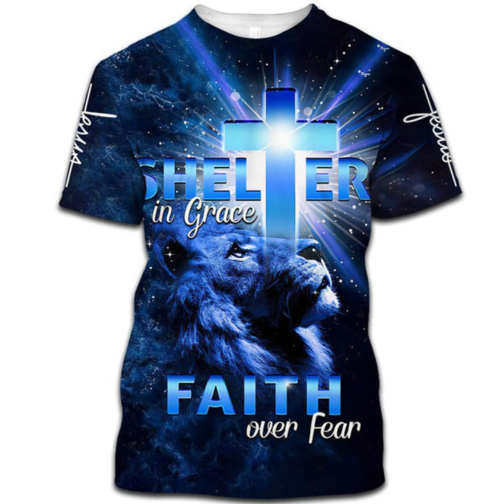 FUNSTUFFPRINT Lion Cross Shelter In Grace Faith Over Fear 3d Shirts - Christian T Shirts For Men And Women 3D T-shirt