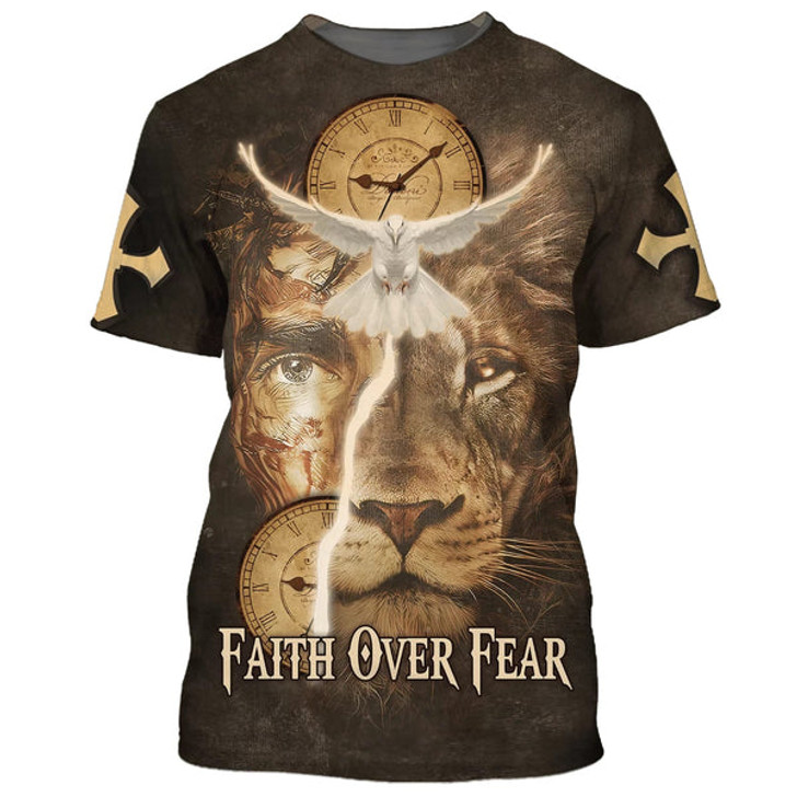 FUNSTUFFPRINT Faith Over Fear Lion Dove 3d Shirts - Christian T Shirts For Men And Women 3D T-shirt