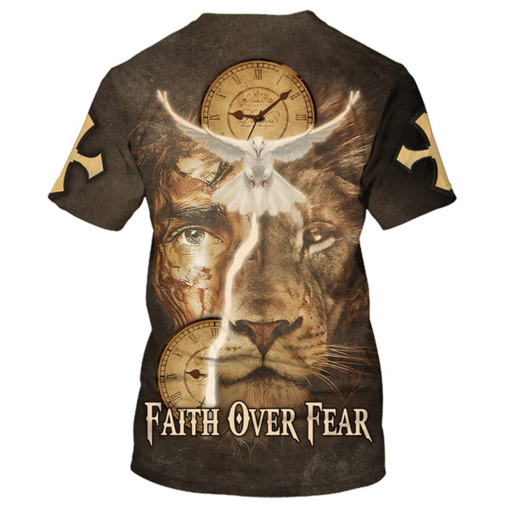 FUNSTUFFPRINT Faith Over Fear Lion Dove 3d Shirts - Christian T Shirts For Men And Women 3D T-shirt