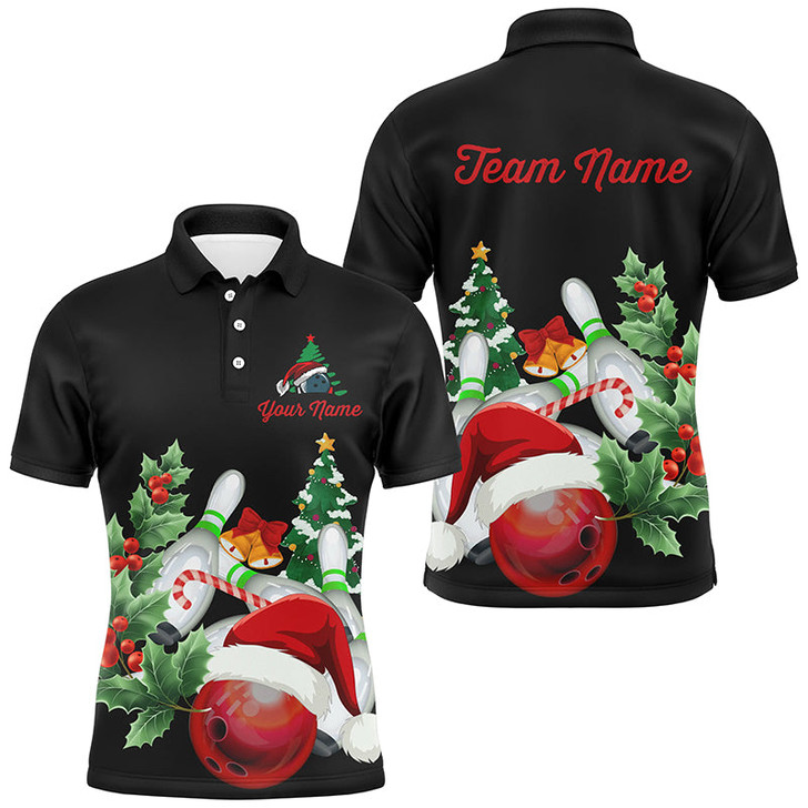 FUNSTUFFPRINT  Christmas Bowling Shirts Custom Men Bowling Polo, Quarter zip Shirts black team league bowling  Polo Shirt Size S-5XL