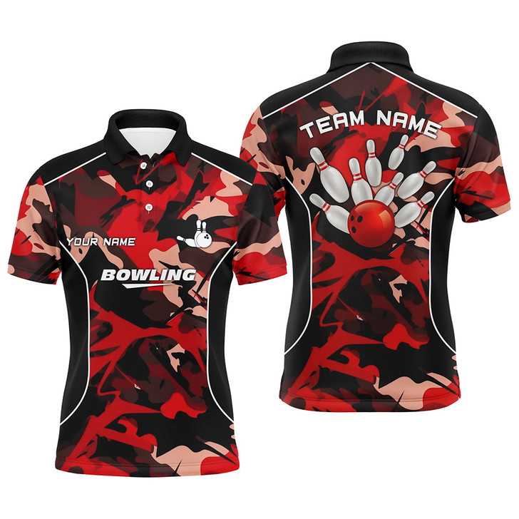 FUNSTUFFPRINT Mens polo bowling shirts Custom bowling ball and pins red camo Bowling Team Jersey for men  Polo Shirt Size S-5XL