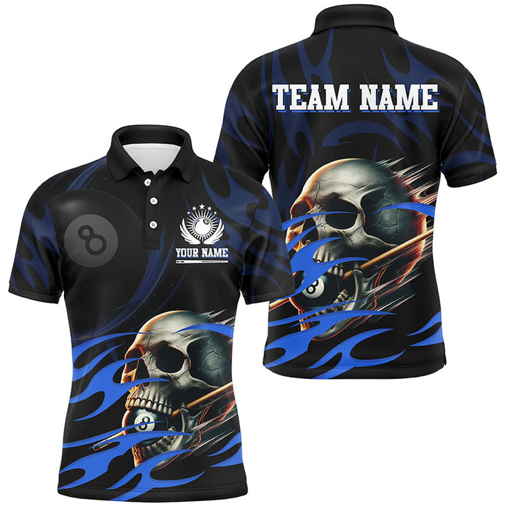FUNSTUFFPRINT Funny Skull 8 Ball Pool Custom Billiard   Polo Shirt Size S-5XL