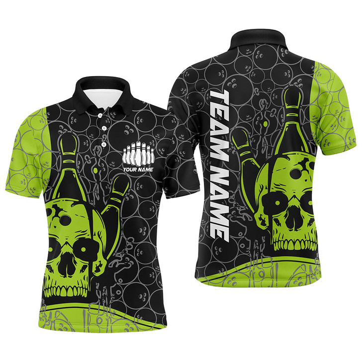 FUNSTUFFPRINT Custom Skull Bowling Shirts For Men And Women, Green Bowling Team   Polo Shirt Size S-5XL