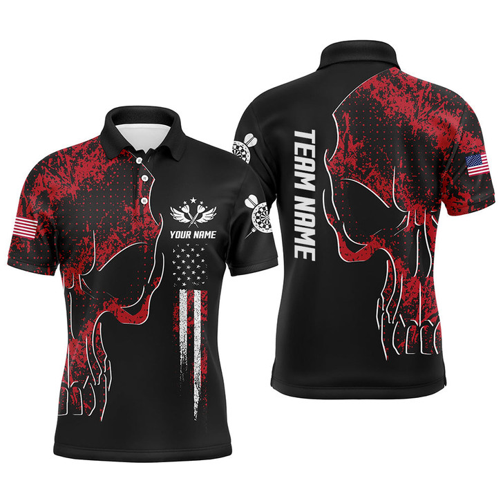 FUNSTUFFPRINT  Red Grunge Camo American Flag Skull Darts Mens Polo Shirt Patriotic Dart  Polo Shirt Size S-5XL