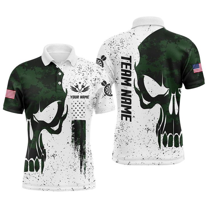 FUNSTUFFPRINT Grunge Green Camo Skull American Flag Darts Polo Shirt Custom Patriot Dart Jerseys For Men   Polo Shirt Size S-5XL