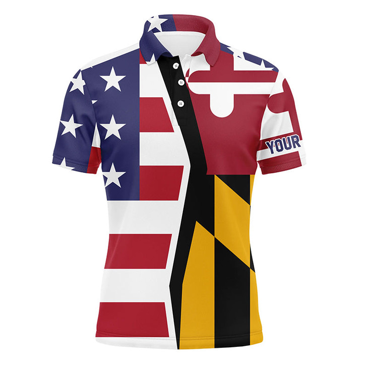FUNSTUFFPRINT Personalized American flag Maryland patriot golf white Mens golf polo shirts, golfing gifts for mens   Polo Shirt Size S-5XL