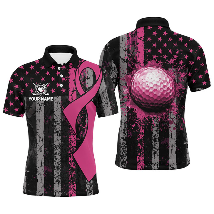 FUNSTUFFPRINT  Pink Ribbon Breast Cancer Awareness Mens Golf Polo Shirts Custom Patriotic US Flag Golf Gifts  Polo Shirt Size S-5XL