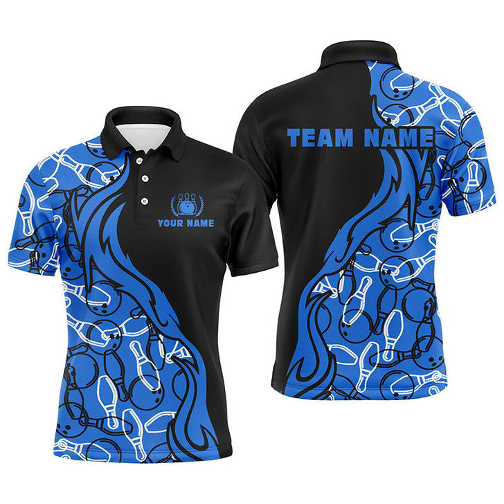 FUNSTUFFPRINT Black and blue pattern bowling polo shirts for men, custom team bowling   Polo Shirt Size S-5XL