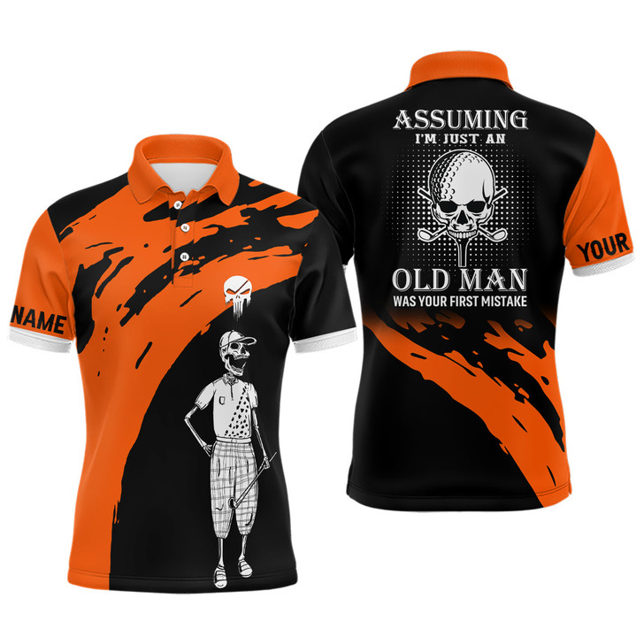 FUNSTUFFPRINT  Orange And Black Mens Skull Golf Polo Shirts, Custom Golf Polos For Men, Halloween Golf   Polo Shirt Size S-5XL