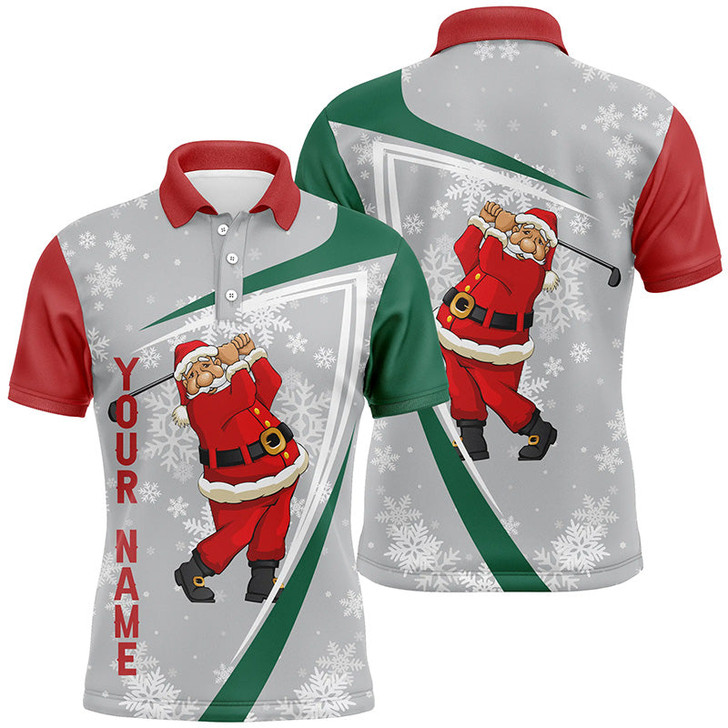 FUNSTUFFPRINT  Santa Playing Golf Christmas Custom Mens Golf Polo Shirt Snowflakes Grey Funny Golf Shirts For Men  Polo Shirt Size S-5XL