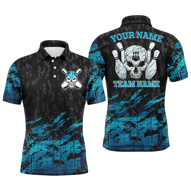 FUNSTUFFPRINT  Skull Bowling polo shirts for men custom name and team name blue Bowling skeleton, team bowling  Polo Shirt Size S-5XL