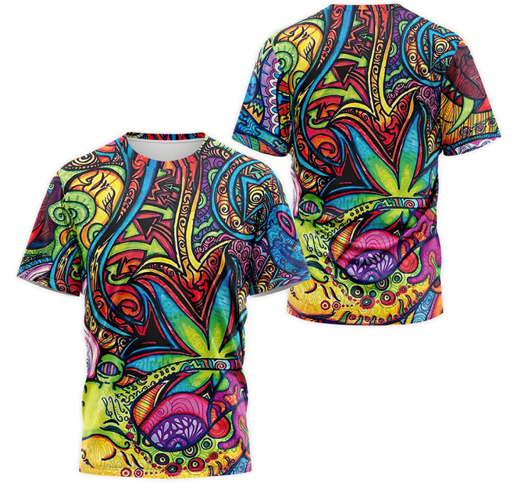 FUNSTUFFPRINT Personalized T-Shirt, Hoodie - Hippie Multicolor Canabis Weed 3D Printed 3D T-shirt