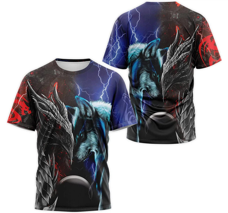 FUNSTUFFPRINT Personalized T-Shirt, Hoodie - Thunder Blue Wolf Fire Dragon 3D Printed 3D T-shirt