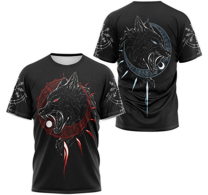 FUNSTUFFPRINT Personalized T-Shirt, Hoodie - Wolves Skoll And Hati Nordic Compass Norse Mythology Pattern 3D Printed 3D T-shirt