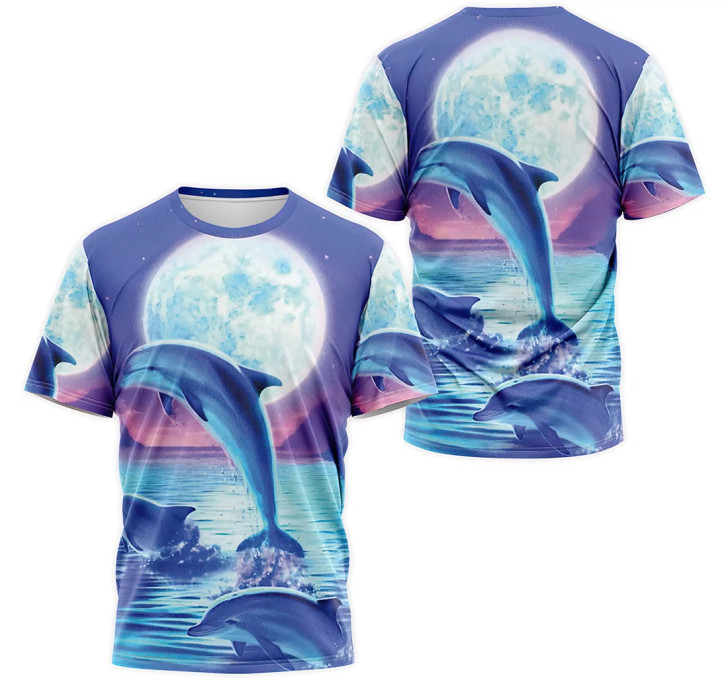 FUNSTUFFPRINT Personalized T-Shirt, Hoodie - Dolphin In The Sea Moon 3D Printed 3D T-shirt