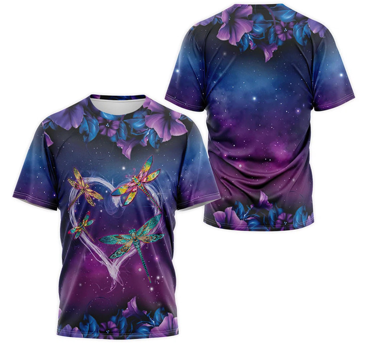 FUNSTUFFPRINT Personalized T-Shirt, Hoodie - Purple Galaxy Dragonfly Flower Heart 3D Printed 3D T-shirt