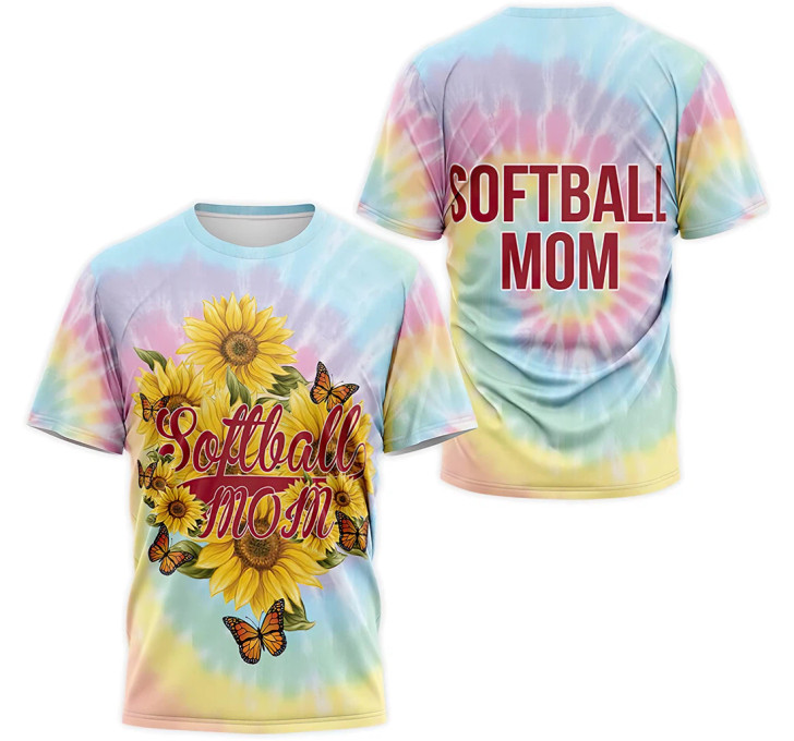 FUNSTUFFPRINT Personalized T-Shirt, Hoodie - Tie Dye Softball Mom Sunflower Butterfly 3D Printed 3D T-shirt