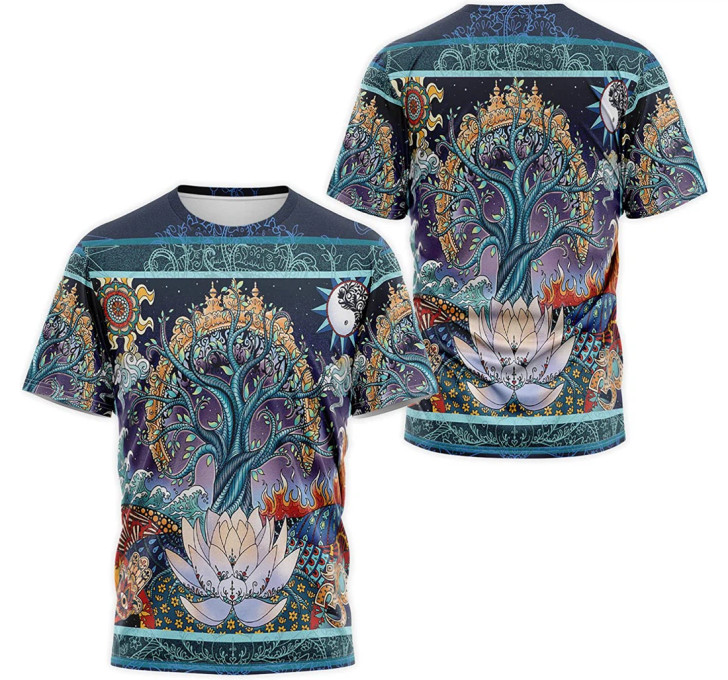 FUNSTUFFPRINT Personalized T-Shirt, Hoodie - Tree Sun Lunisolar Hand Lotus Flower Mandala Painting 3D Printed 3D T-shirt