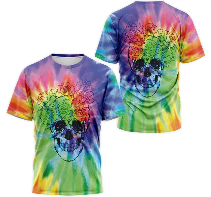 FUNSTUFFPRINT Personalized T-Shirt, Hoodie - Tie Dye Skull Flower 3D Printed 3D T-shirt