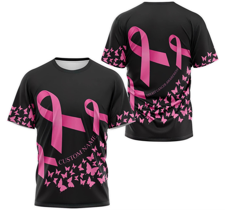 FUNSTUFFPRINT T-Shirt, Hoodie - Custom Name Breast Cancer Awareness Butterfly Pattern 3D Printed 3D T-shirt