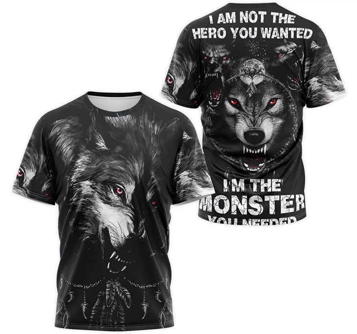 FUNSTUFFPRINT Personalized T-Shirt, Hoodie - Wolf I'm Not The Hero You Wanted I'm Monster You Needed 3D Printed 3D T-shirt