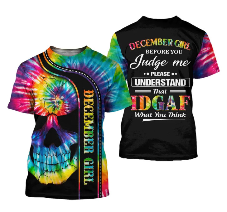 FUNSTUFFPRINT Personalized December Girl Skull Tie Dye December Birthday Her - 3D Printed T-shirt 3D T-shirt