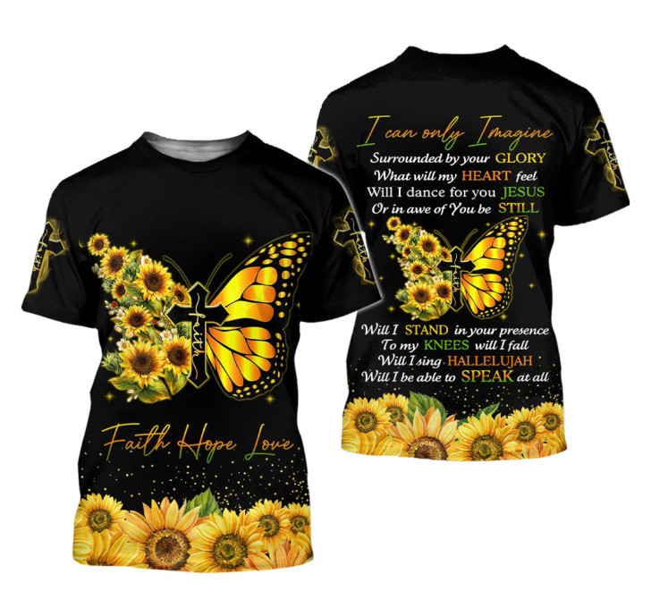 FUNSTUFFPRINT Personalized Faith Christian Butterfly Cross Jesus Sunflower Faith Over Fear Jesus Jesus Christian - 3D Printed T-shirt 3D T-shirt