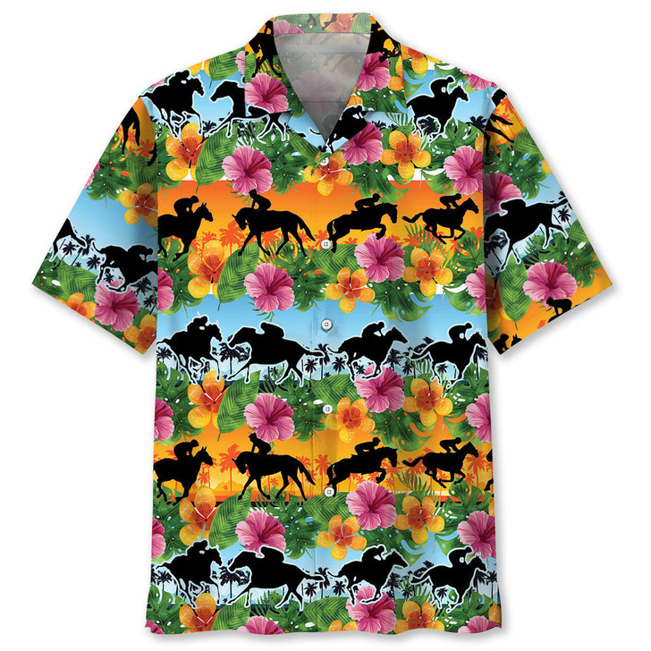 Horse Racing Tropical Color Hawaiian Shirt, Gift for Horse Lover, Horse Beach Hawaii Shirt