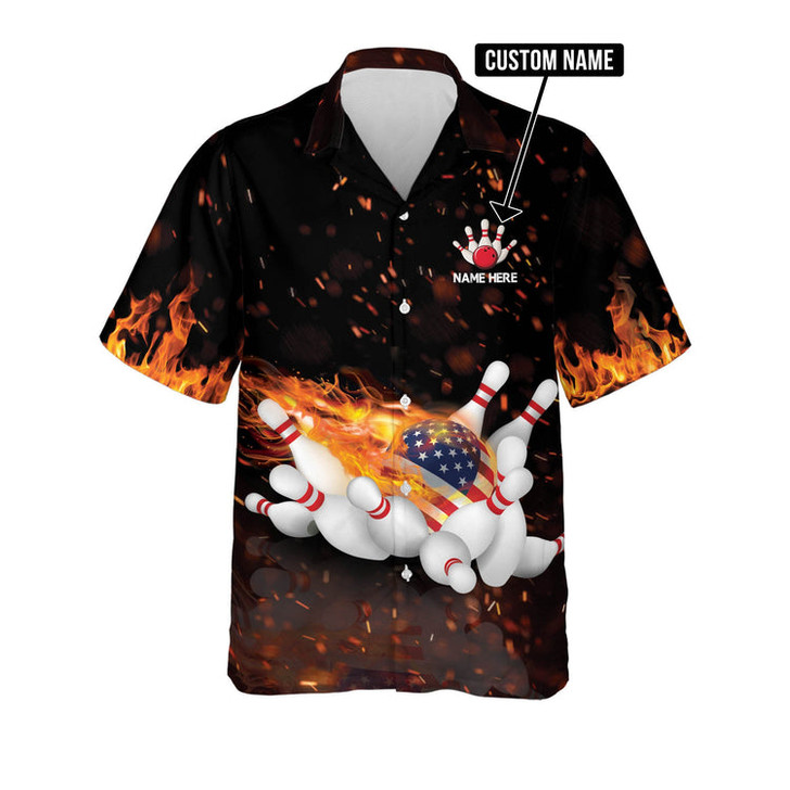 Custom Personalized Name Flame Bowling Gutter Gang Hawaiian Shirt , Gift for Bowler, Flag Shirt