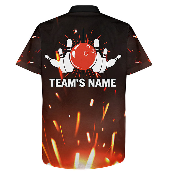 Custom Personalized Hawaiian Bowling Shirt Flame Bowling Ball and Pins Short Sleeve Team Bowlers