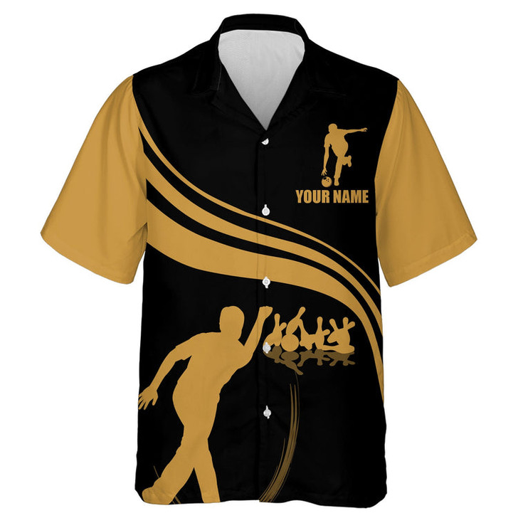 Custom Personalized Hawaiian Bowling Shirt Black and Gold Bowlers Custom Team Bowling Hawaiian Shirt