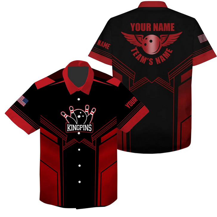 Custom Red And Black Bowling Hawaiian Shirt For Men Custom Name And Team Name Mens Bowling Team Shirts