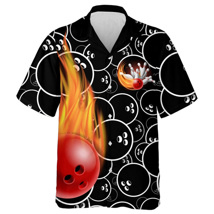 Custom Personalized Flame Hawaiian Bowling Shirt, Men Women Skull Pins Black Bowlers