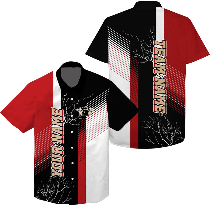 Custom Red And Black Plaid Pattern Lightning Custom Team Name Hawaiian Shirt For Men, Team Bowling Shirts