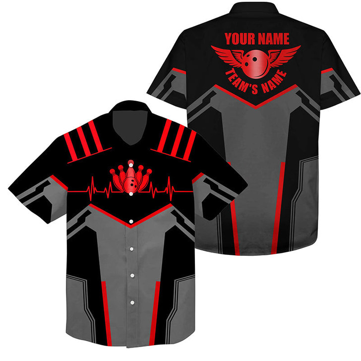 Custom Multi Color Bowling Hawaiian Shirt Custom Name And Team Name Blue Bowling Ball And Pins, Team Bowling Shirts