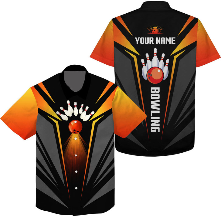 Custom Hawaiian Bowling Shirts Bowling Ball And Pins Team Shirt, Black Orange Bowl Shirts