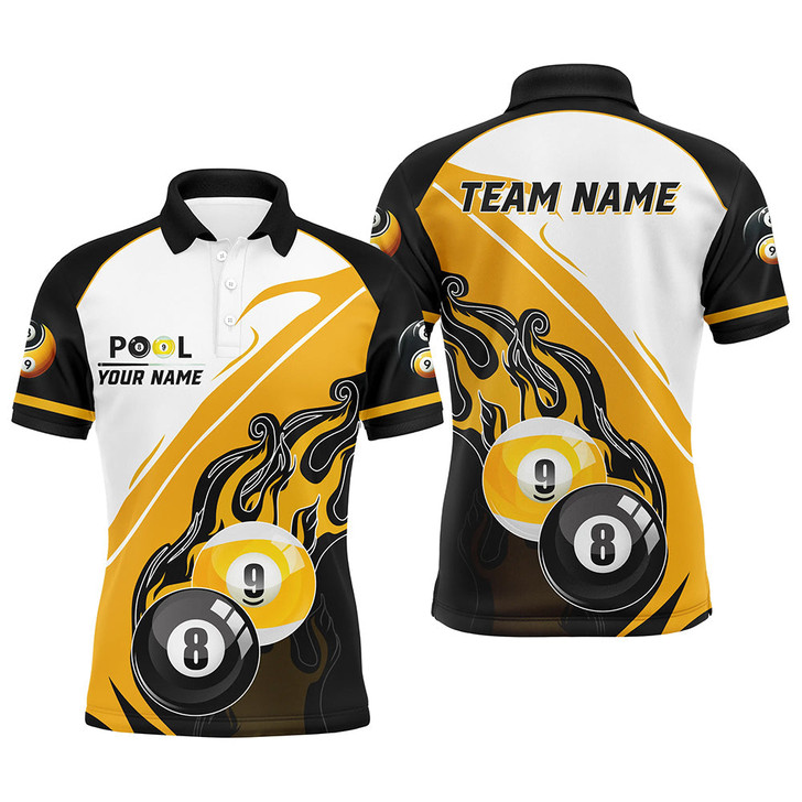 FUNSTUFFPRINT  Personalized Black Yellow Billiard 8 Ball & 9 Ball Pool Men Polo Shirts, Billiard Attire   Polo Shirt Size S-5XL