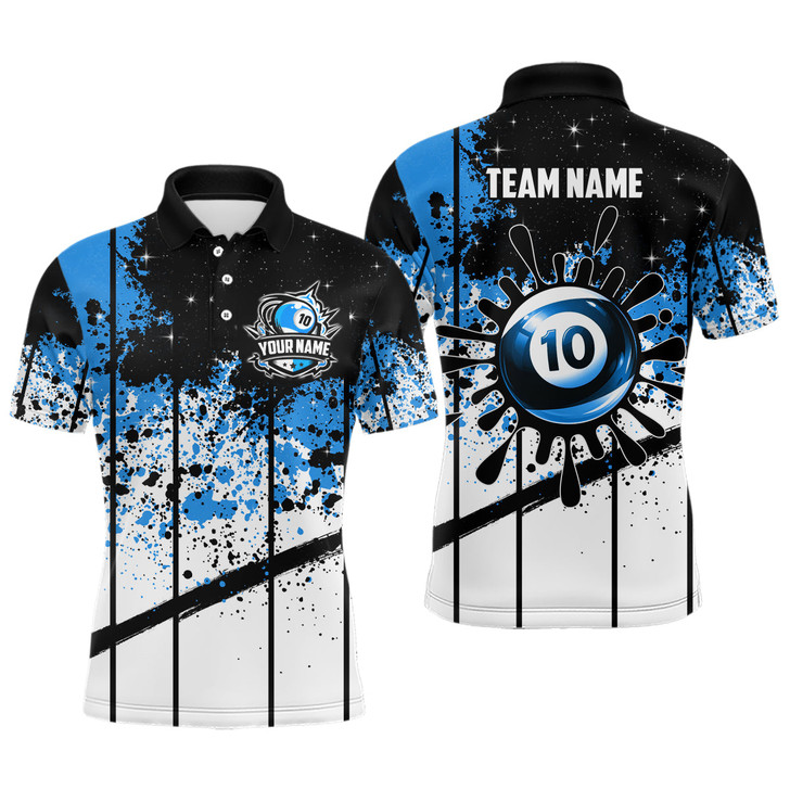 FUNSTUFFPRINT Personalized Billiard 10 Ball Grunge Style Men Polo Shirts, 10 Ball Pool Billiard Attire    Polo Shirt Size S-5XL