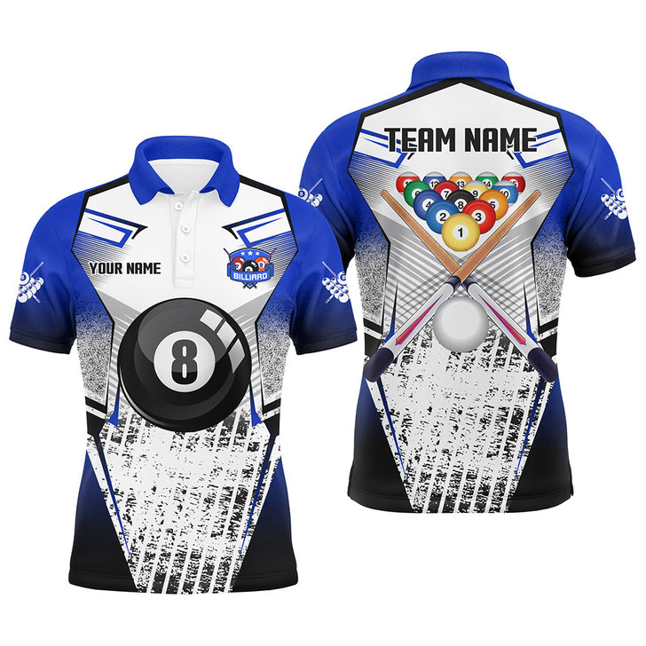 FUNSTUFFPRINT Personalized Billiard Balls And Cue Blue Grunge Style Men Polo Shirts Custom Billiard   Polo Shirt Size S-5XL