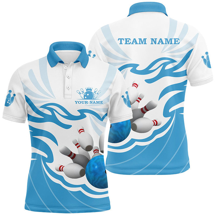 FUNSTUFFPRINT White and Blue Mens polo, quarter zip bowling shirt Custom bowling ball pins team league  Polo Shirt Size S-5XL