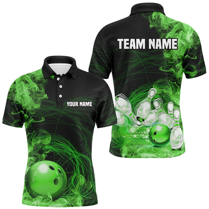 FUNSTUFFPRINT Green Flame Fire Bowling   Polo Shirt Size S-5XL