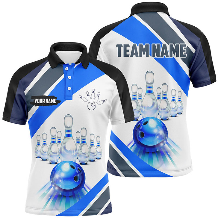 FUNSTUFFPRINT Blue Light Bowling Polo, Quarter Zip Shirt for men Custom Bowling ball and pins Team  Polo Shirt Size S-5XL