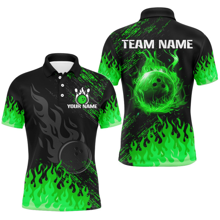 FUNSTUFFPRINT Personalized black and green Flame bowling  Polo Shirt Size S-5XL