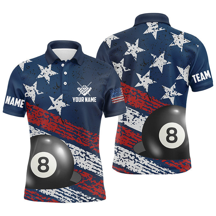 FUNSTUFFPRINT Grunge American Flag 8 Ball Pool Men Billiard Polo Shirts Custom Patriotic Billiard Attire  Polo Shirt Size S-5XL