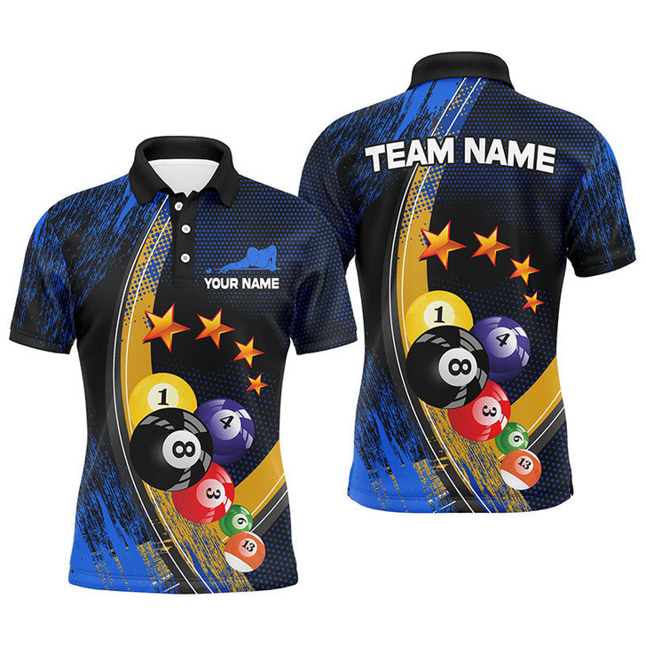 FUNSTUFFPRINT  Custom Name Blue Billiard Balls 3D Billiard Men Polo Shirts Personalized 8 Ball Pool   Polo Shirt Size S-5XL