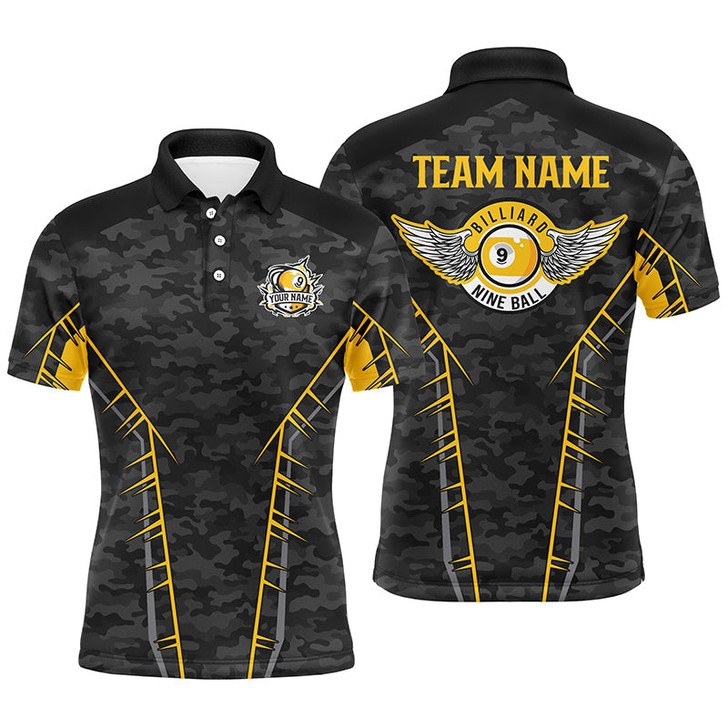 FUNSTUFFPRINT  Personalized Camo Yellow 9 Ball Pool Polo Shirts For Men, Custom Billiard 9 Ball Team  Polo Shirt Size S-5XL