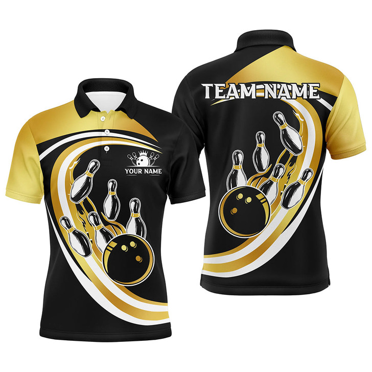 FUNSTUFFPRINT Black and Gold Bowling   Polo Shirt Size S-5XL